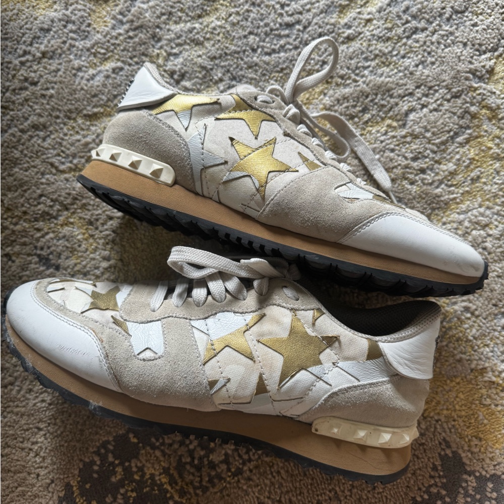 Valentino Rockstud White and Gold Star Sneakers